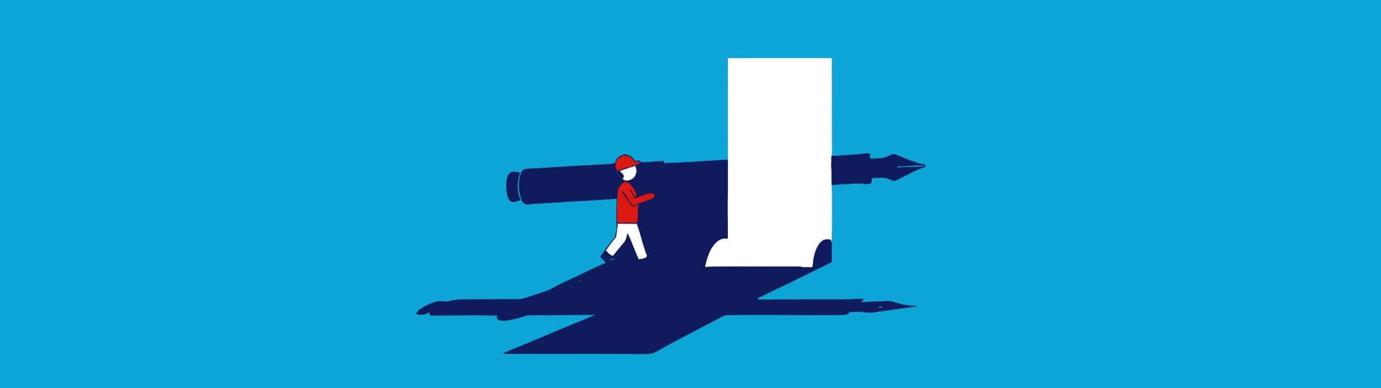Illustratie in Pumbo-huisstijl: klein figuurtje draagt een reusachtige vulpen over de schouder langs een groot wit vel papier
