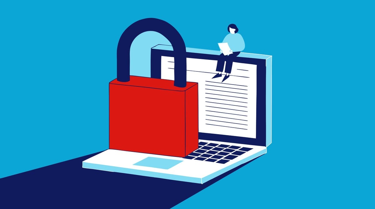 Illustratie in Pumbo-stijl: laptop met rood hangslot - AI en privacy bij het uitgeven van je boek