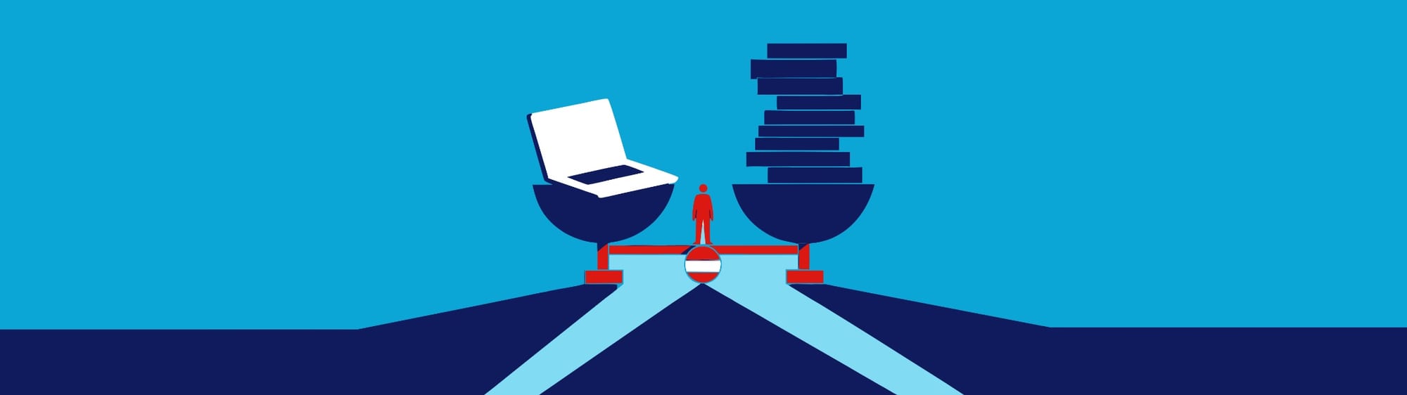 Illustratie in Pumbo-huisstijl: klein figuurtje tussen de schalen van een gigantische weegschaal, links een laptop en rechts een stapel boeken