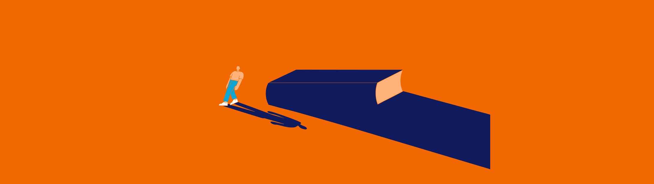 Illustratie in Pumbo-huisstijl: auteur loopt ontspannen weg bij een gesloten boek