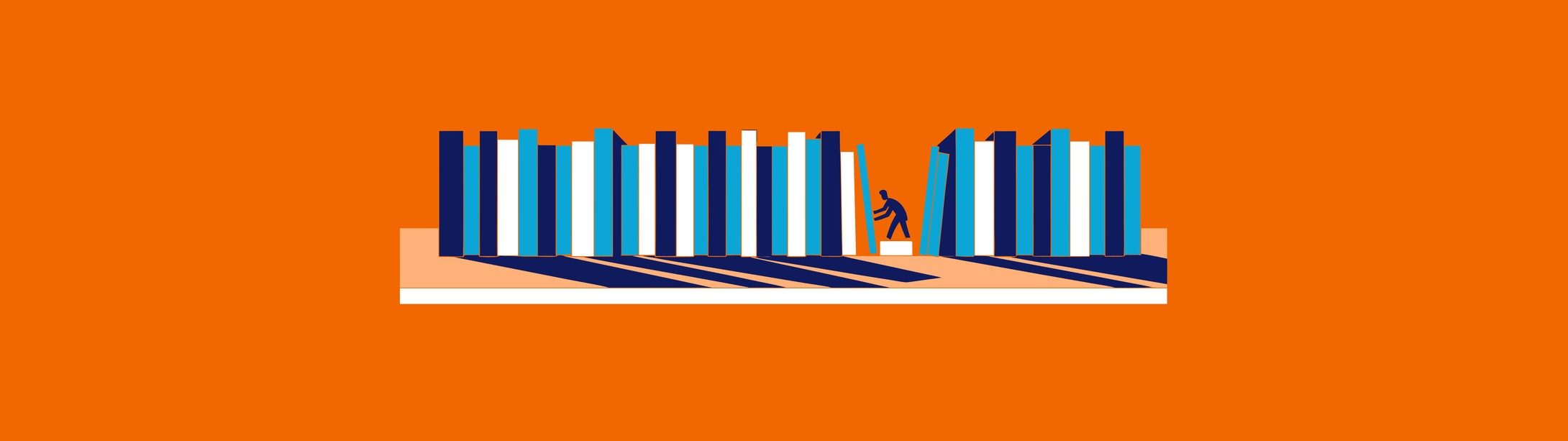 Illustratie in Pumbo-huisstijl: klein figuurtje zet een boek terug in een lange bibliotheekplank