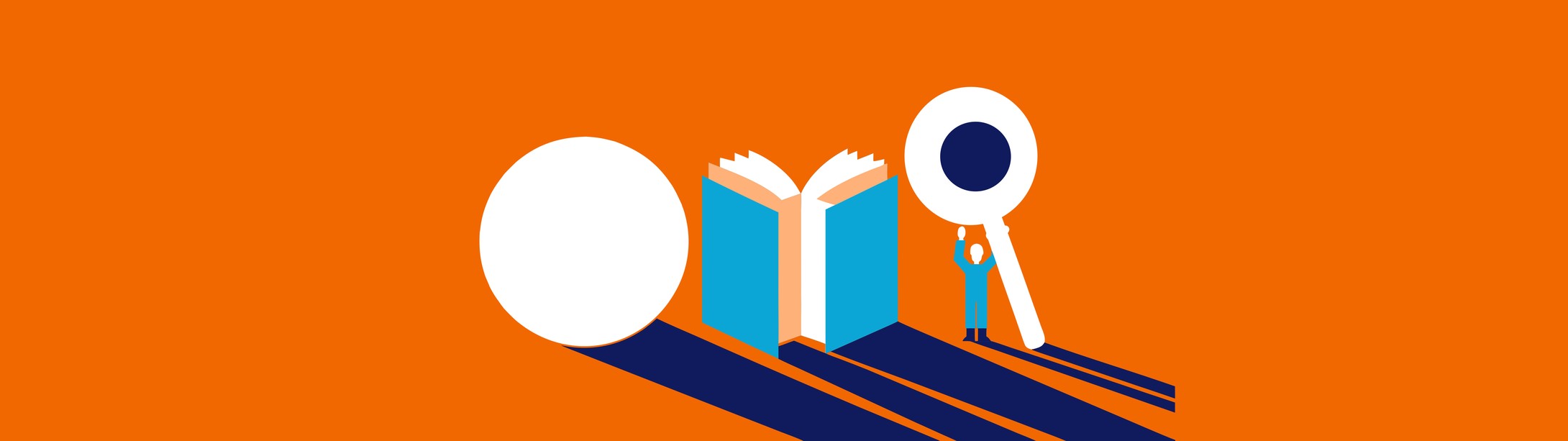 Illustratie in Pumbo-huisstijl: klein figuurtje met een reusachtig vergrootglas naast een open boek