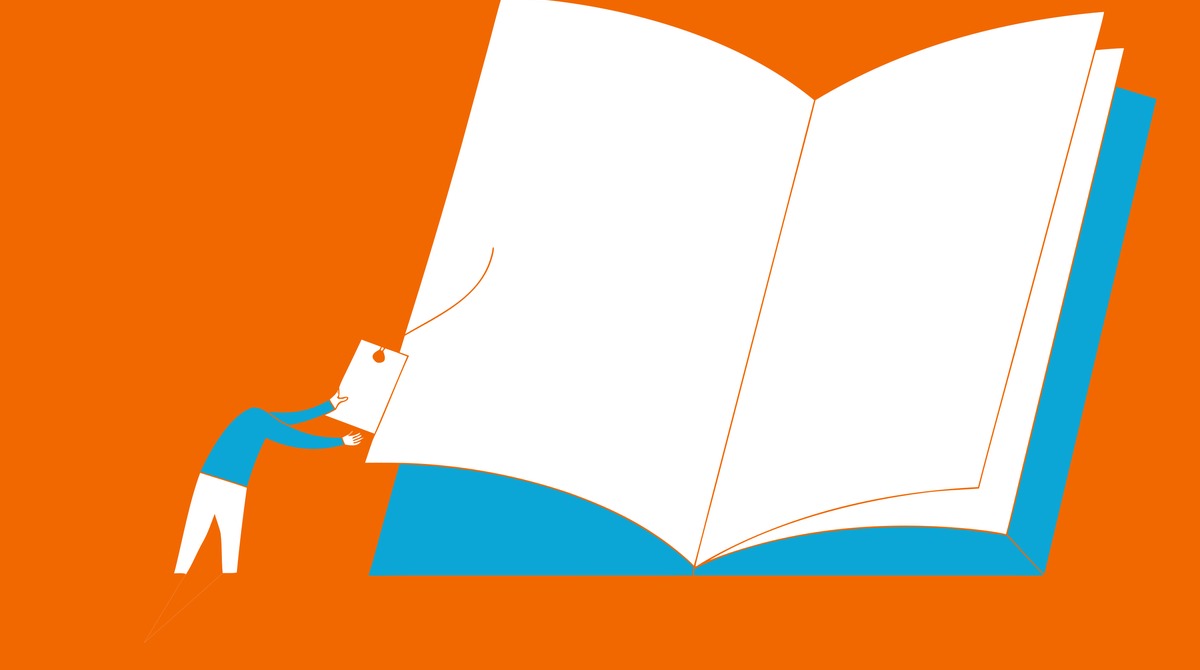 Illustratie in Pumbo-huisstijl: klein figuurtje hangt een label aan een gigantisch open boek