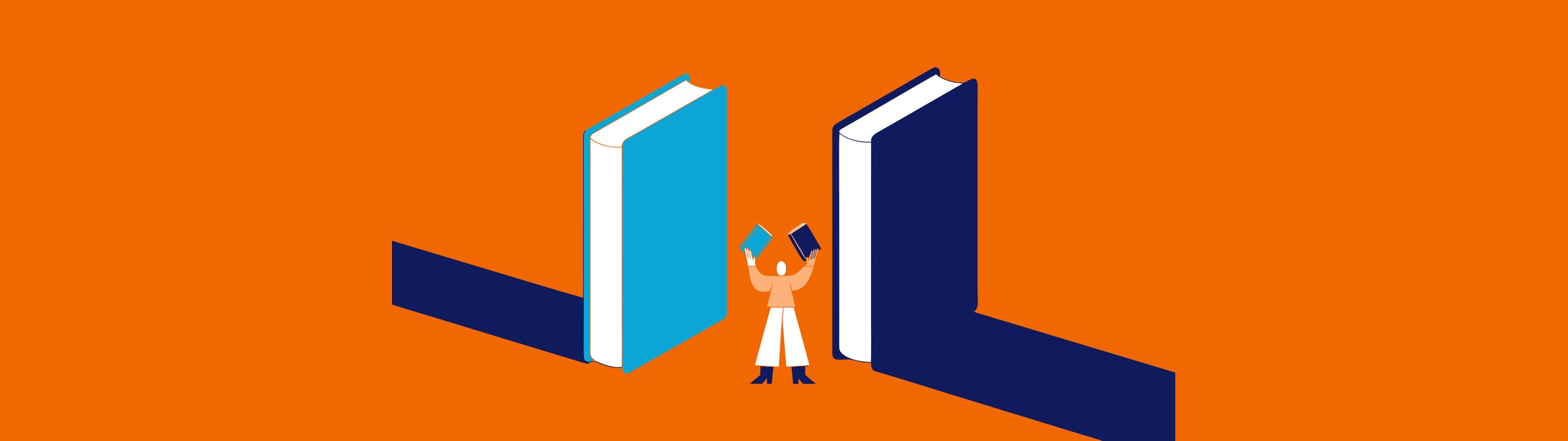 Illustratie in Pumbo-huisstijl: lezer houdt twee grote boeken vast en weegt ze tegen elkaar af