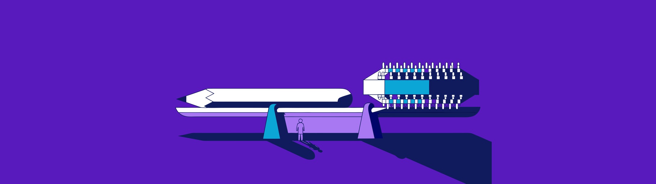 Illustratie in Pumbo-huisstijl: weegschaal met een potlood aan de ene en een computerchip aan de andere kant