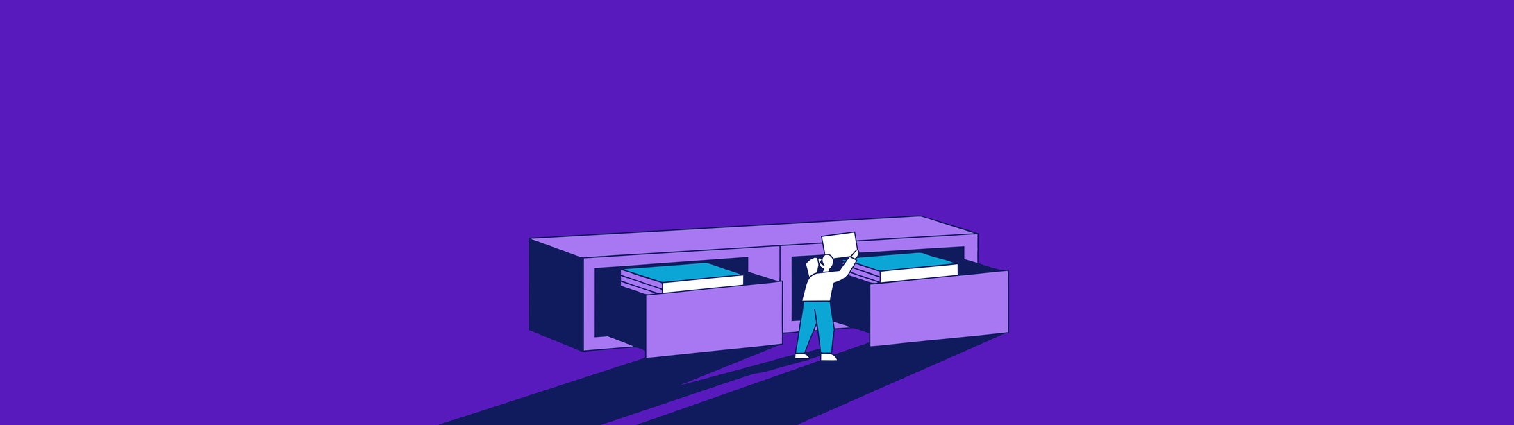 Illustratie in Pumbo-huisstijl: archiefkast met open laden vol werkbestanden