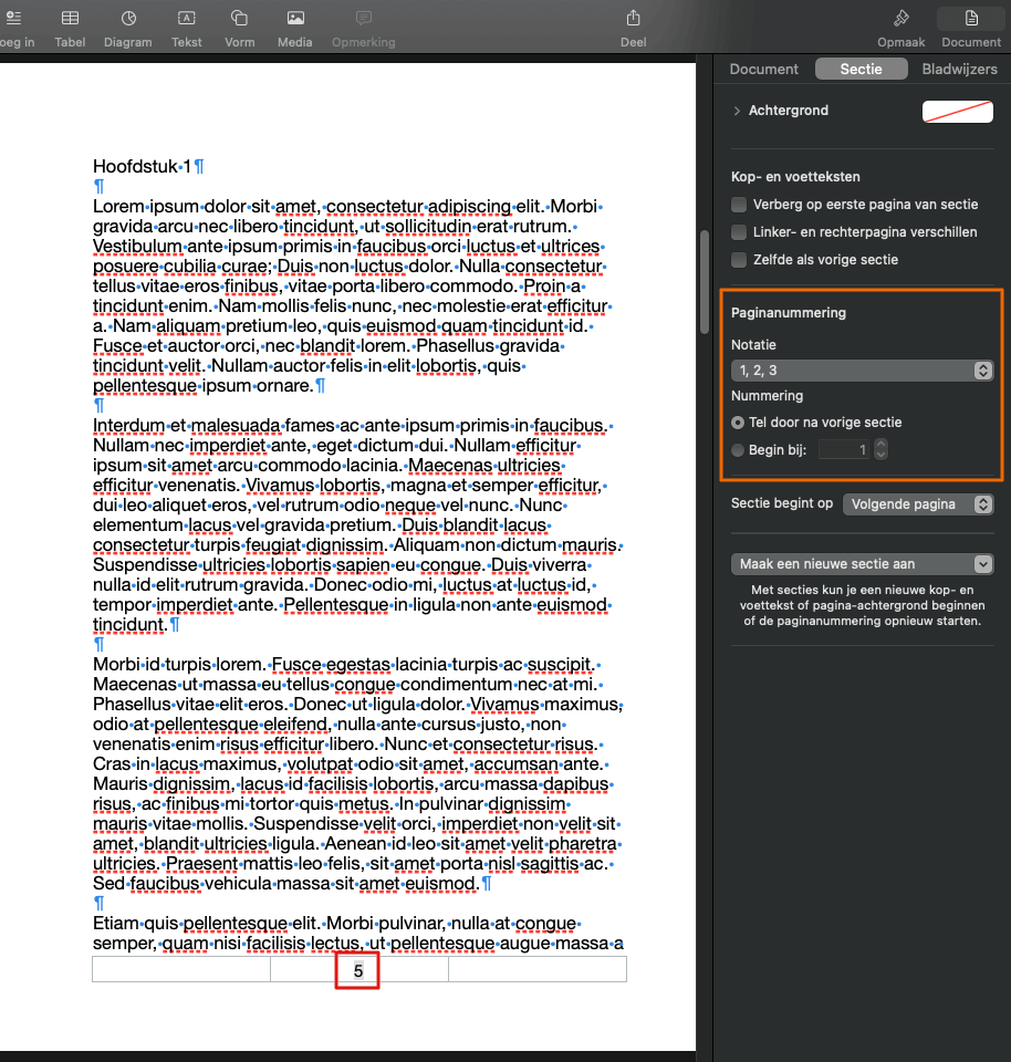 Secties & paginanummers instellen in Apple Pages