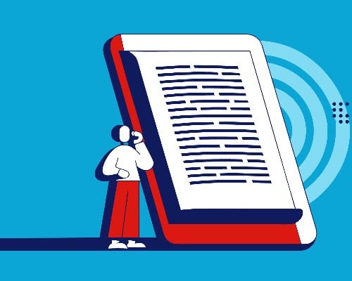 Illustratie in Pumbo-huisstijl: een kleine figuur luistert via een schermlezer naar een gigantische e-reader. De European Accessibility Act maakt e-books toegankelijk.