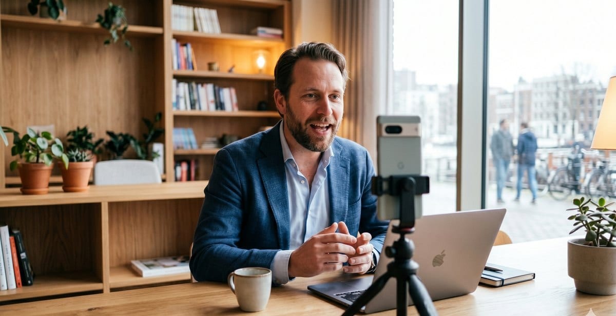 Ondernemer neemt een korte video op voor LinkedIn om zijn boek onder de aandacht te brengen