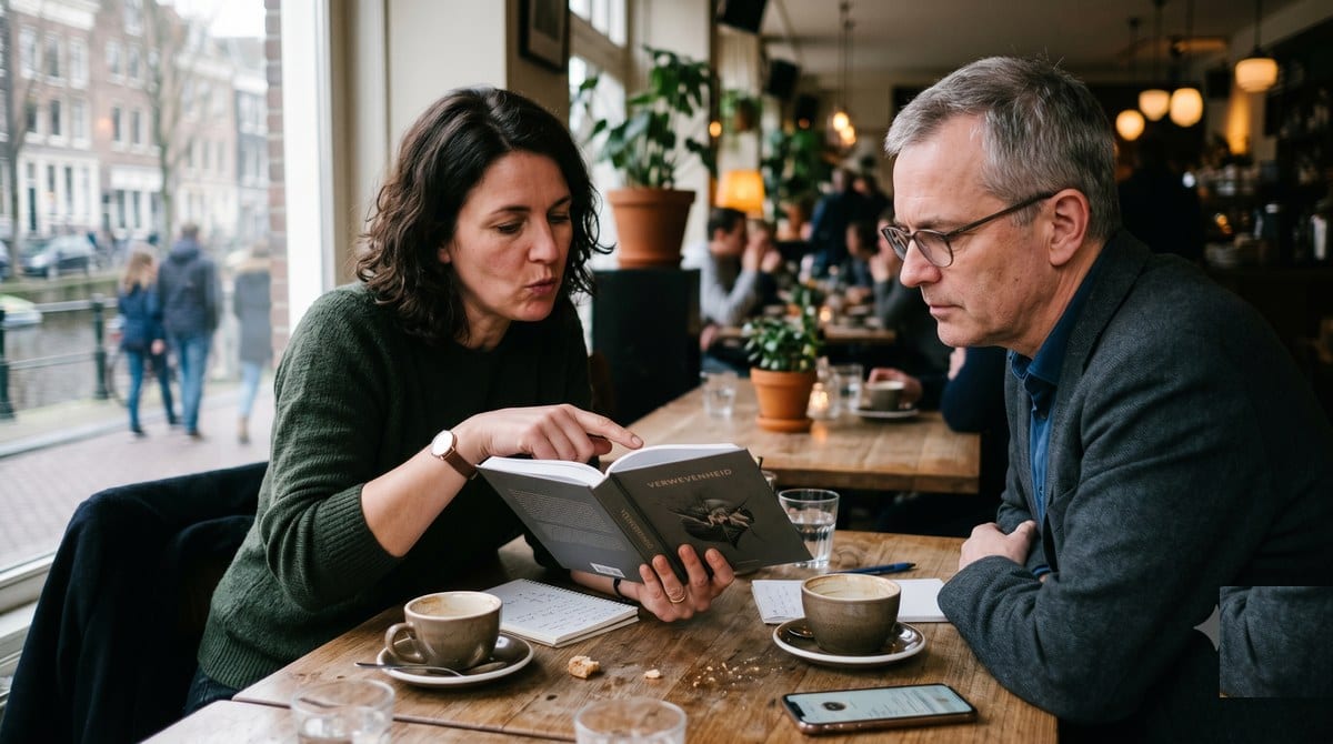 Auteur bespreekt haar nieuwe boek met iemand uit haar netwerk aan een cafétafel