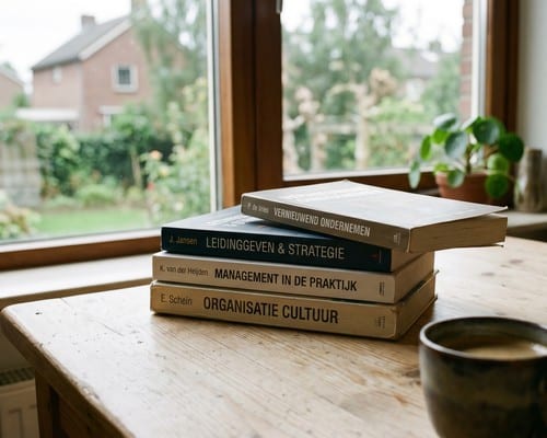 Stapel Nederlandse managementboeken op een houten bureau bij het raam