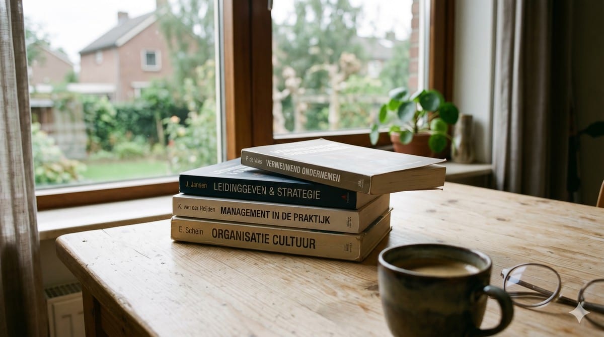 Stapel Nederlandse managementboeken op een houten bureau bij het raam