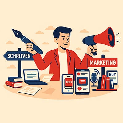 Illustratie van een auteur die balanseert tussen schrijven en marketing, met een pen in de ene hand en een megafoon in de andere, omringd door boeken, een laptop en social media-iconen.