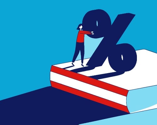 Illustratie: auteur duwt een gigantisch procentteken op een boek
