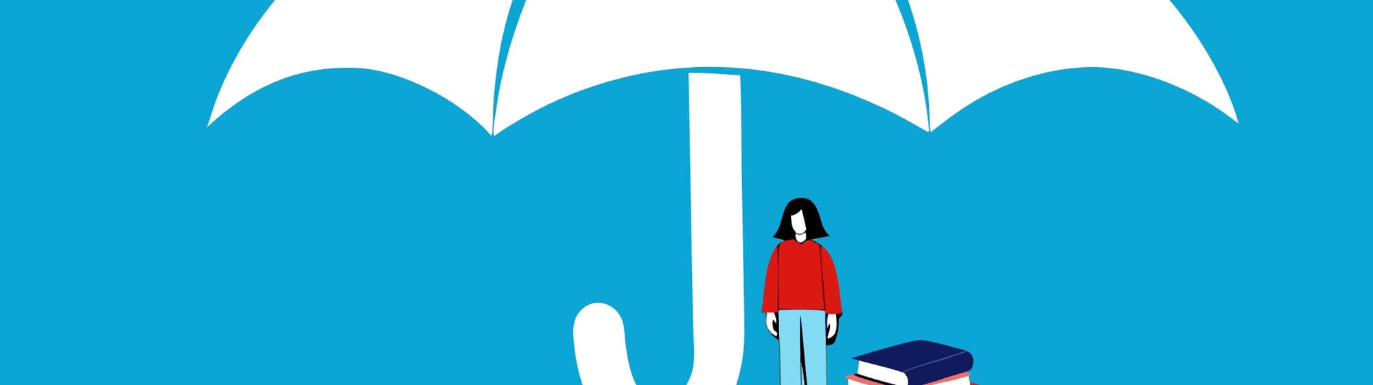 Illustratie: auteur met boeken onder een gigantische paraplu