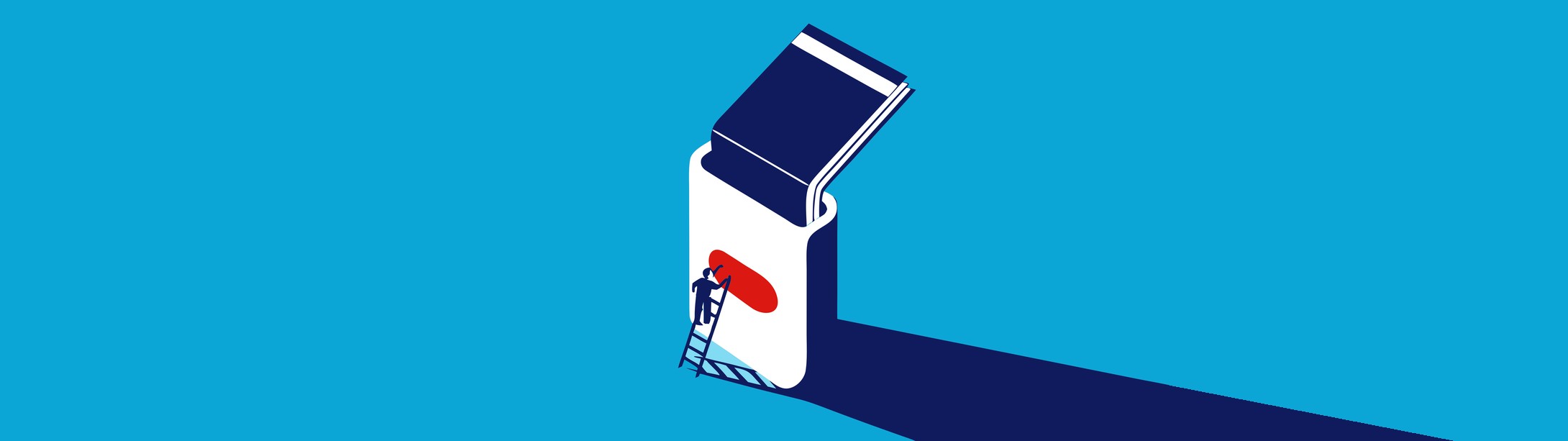 Illustratie in Pumbo-huisstijl: klein figuurtje op een ladder drukt op de rode knop van een gigantisch apparaat waar een boek uit komt
