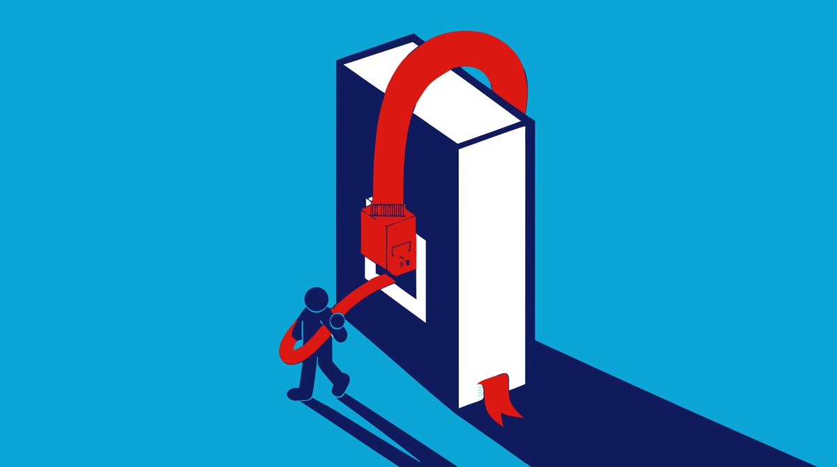 Illustratie in Pumbo-stijl: klein figuurtje plugt een gigantische netwerkkabel in een boek, je AI-tool aangesloten op Pumbo