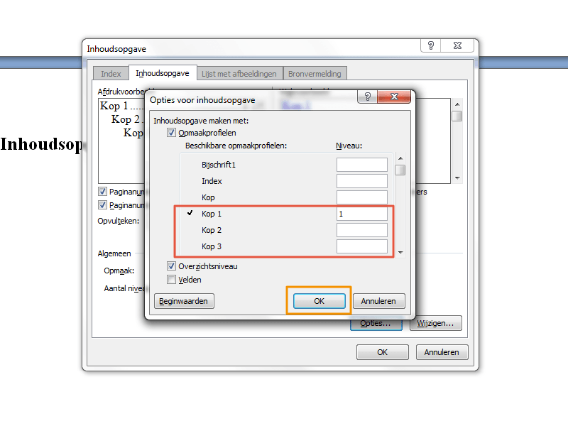 Inhoudsopgave maken in Office 2007 stap 10