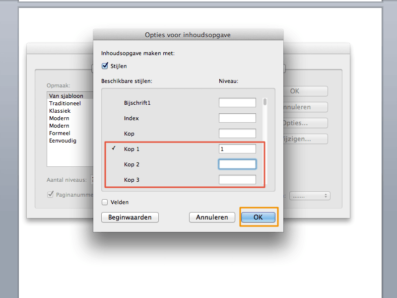 Inhoudsopgave maken in Office Mac 2011 stap 10