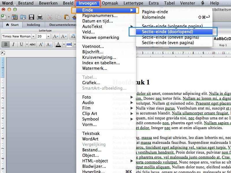 Werken met secties in Office Mac 2011 stap 3