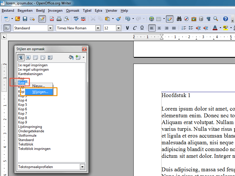 Inhoudsopgave maken in Open Office stap 3