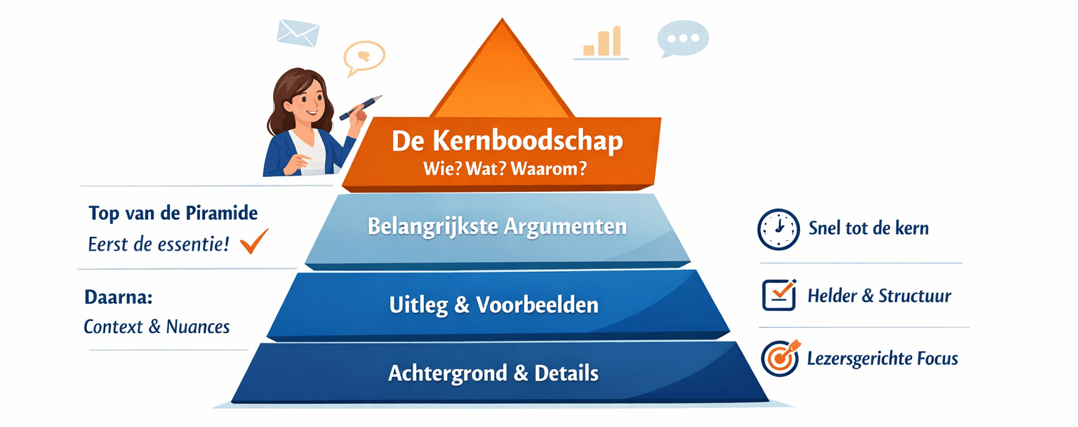 Illustratie van het piramidemodel voor schrijven. Bovenaan staat “De kernboodschap: wie, wat, waarom?”, daaronder lagen met “Belangrijkste argumenten”, “Uitleg en voorbeelden” en “Achtergrond en details”. De afbeelding laat zien dat je bij non-fictie begint met de essentie en daarna context en verdieping toevoegt.