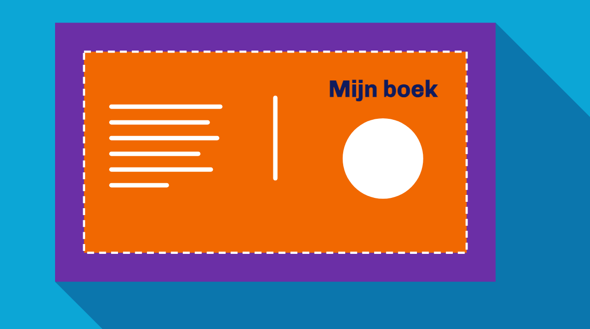 Illustratie in Pumbo-stijl: het platte omslagvel van een hardcover met rondom een paarse vouwrand