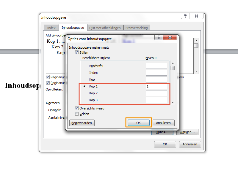 Inhoudsopgave maken in Office 2010 stap 10