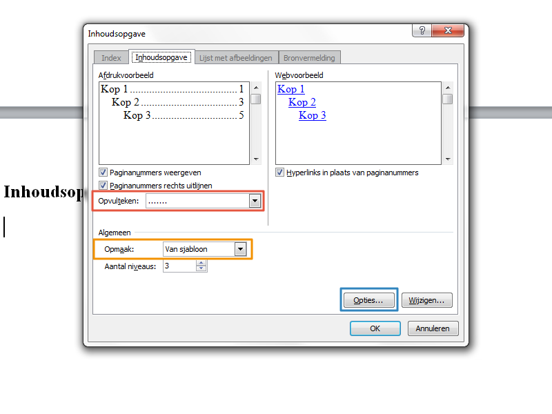 Inhoudsopgave maken in Office 2010 stap 9