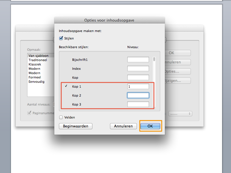 Inhoudsopgave maken in Office Mac 2011 stap 10