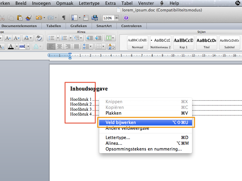 Inhoudsopgave maken in Office Mac 2011 stap 11