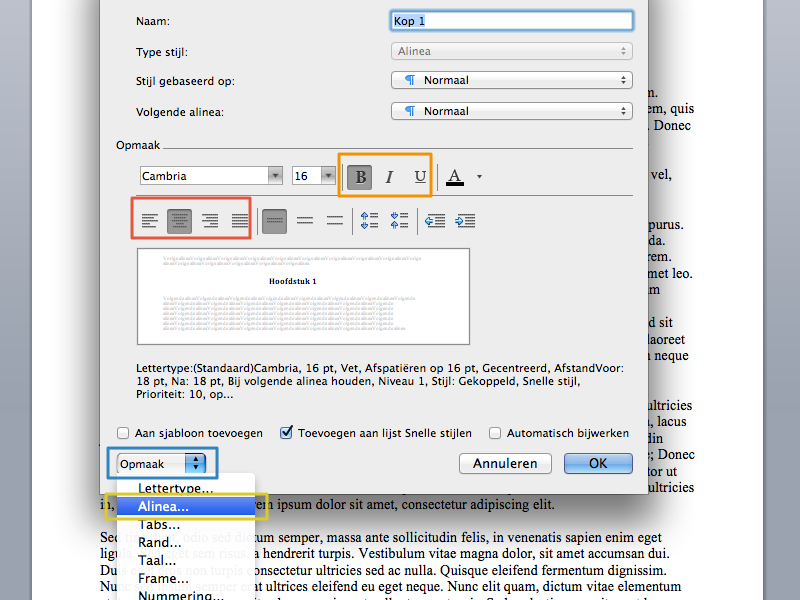Inhoudsopgave maken in Office Mac 2011 stap 4