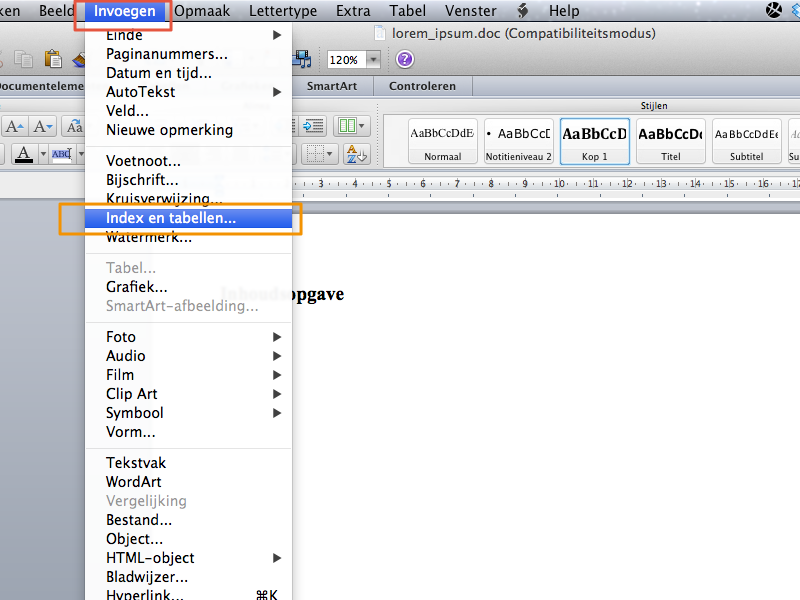 Inhoudsopgave maken in Office Mac 2011 stap 8