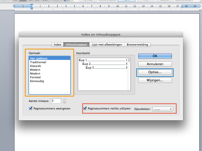 Inhoudsopgave maken in Office Mac 2011 stap 9