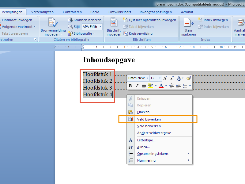 Inhoudsopgave maken in Office 2007 stap 11