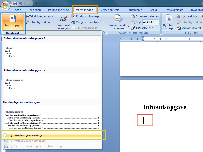 Inhoudsopgave maken in Office 2007 stap 8