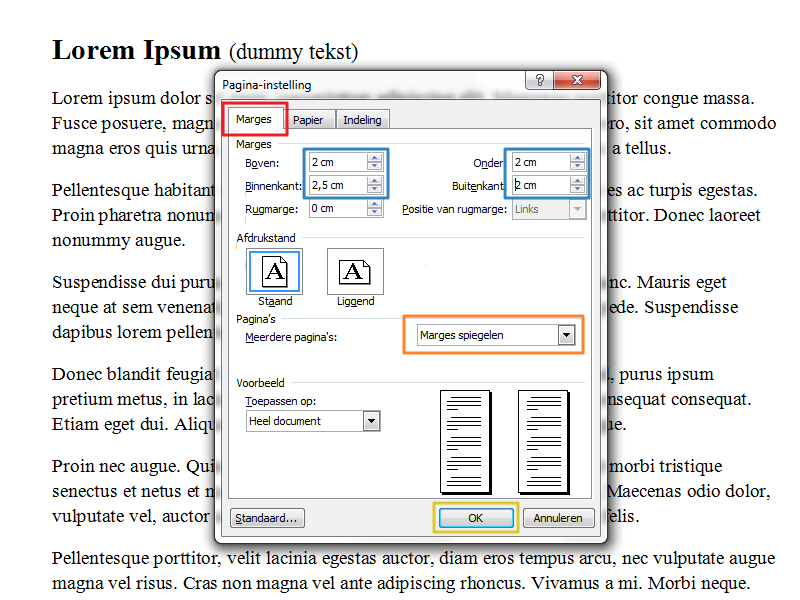 Marges instellen in Office 2003