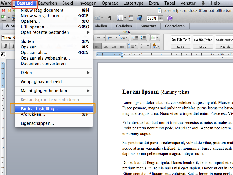Marges instellen in Office Mac 2011 stap 2