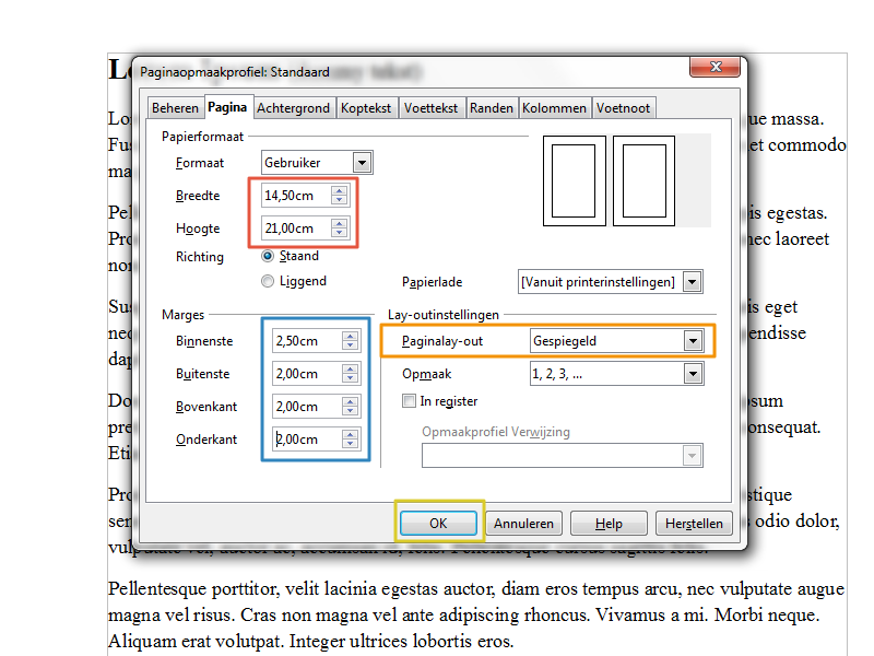 Marges instellen in Open Office stap 4