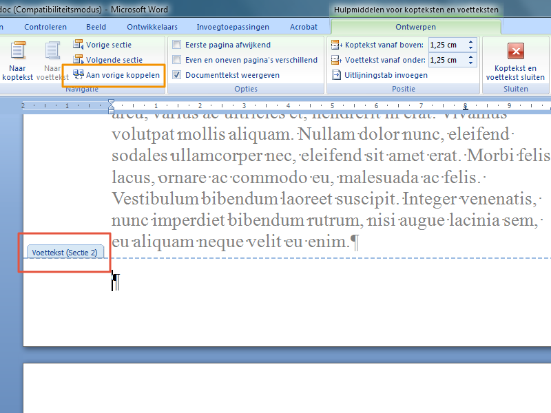 Werken met secties in Office 2007 stap 6