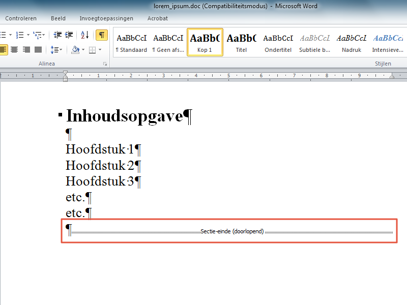 Werken met secties in Office 2010 stap 5