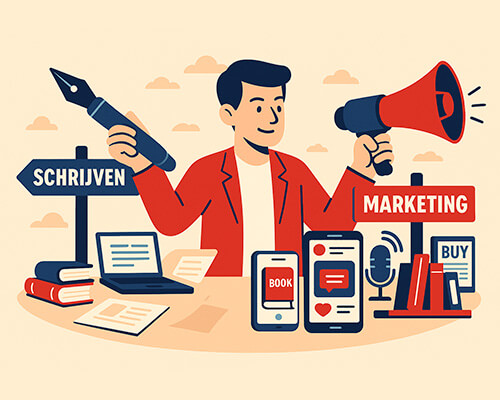 Illustratie van een auteur die balanseert tussen schrijven en marketing, met een pen in de ene hand en een megafoon in de andere, omringd door boeken, een laptop en social media-iconen.