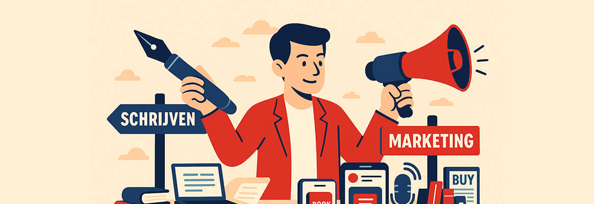 Illustratie van een auteur die balanseert tussen schrijven en marketing, met een pen in de ene hand en een megafoon in de andere, omringd door boeken, een laptop en social media-iconen.