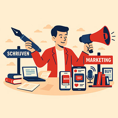Illustratie van een auteur die balanseert tussen schrijven en marketing, met een pen in de ene hand en een megafoon in de andere, omringd door boeken, een laptop en social media-iconen.