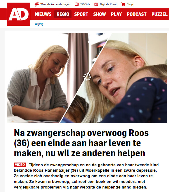 Artikel van het AD over Roos Hanemaajier die na haar zwangerschap depressief werd en nu anderen wil helpen.