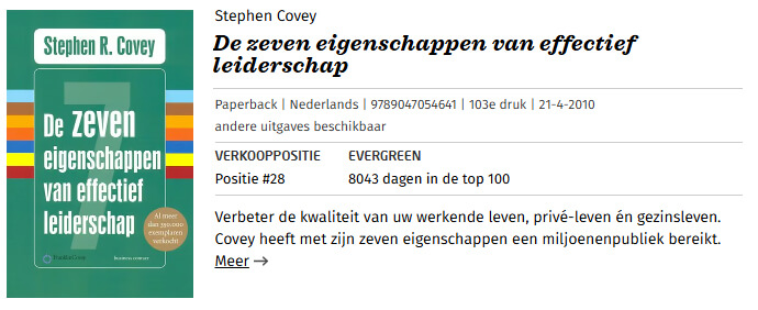 Boekomslag van “De zeven eigenschappen van effectief leiderschap” van Stephen R. Covey met beschrijving van het boek.