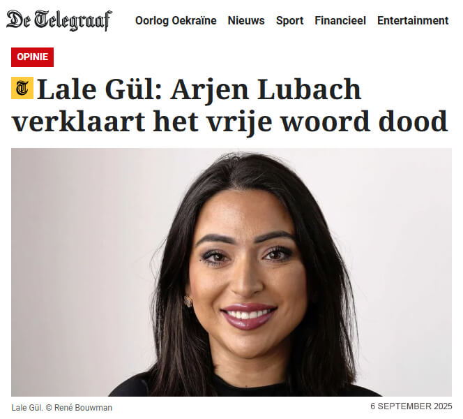 Artikel van De Telegraaf met Lale Gül over Arjen Lubach en het vrije woord.