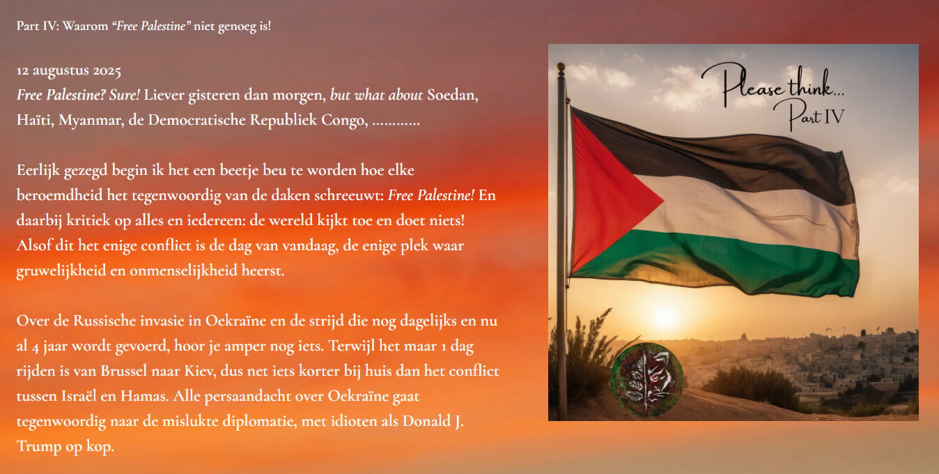 Artikelafbeelding met Palestijnse vlag bij zonsondergang en tekst “Please think… Part IV” over de situatie in Palestina.