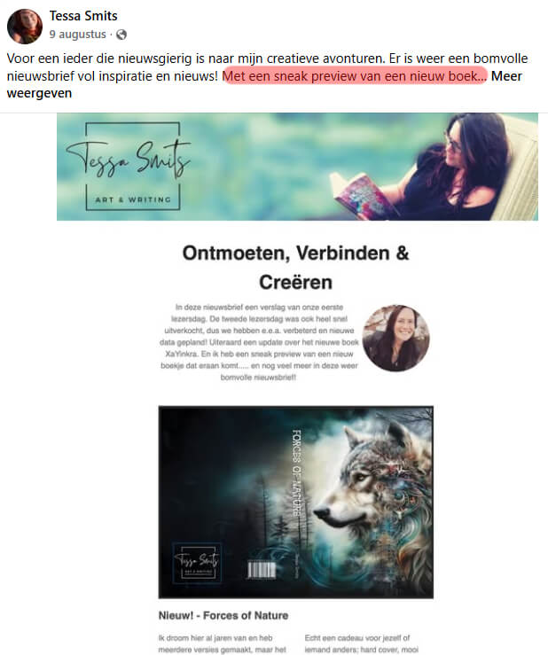 Facebookbericht van Tessa Smits met een nieuwsbriefaankondiging en een preview van haar boek “Forces of Nature”.