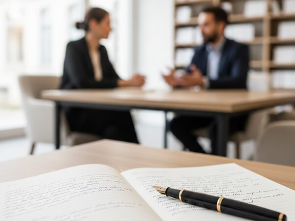 Schrift met pen en twee personen op de achtergrond die aan het overleggen zijn